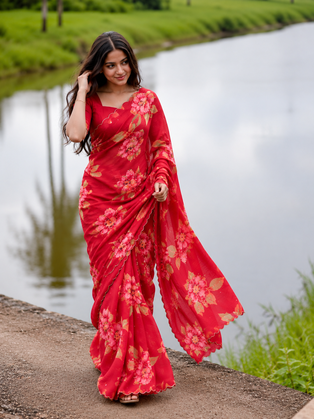 Varnika Pure Chinon Silk Saree | Floral Print & Khatli Handwork