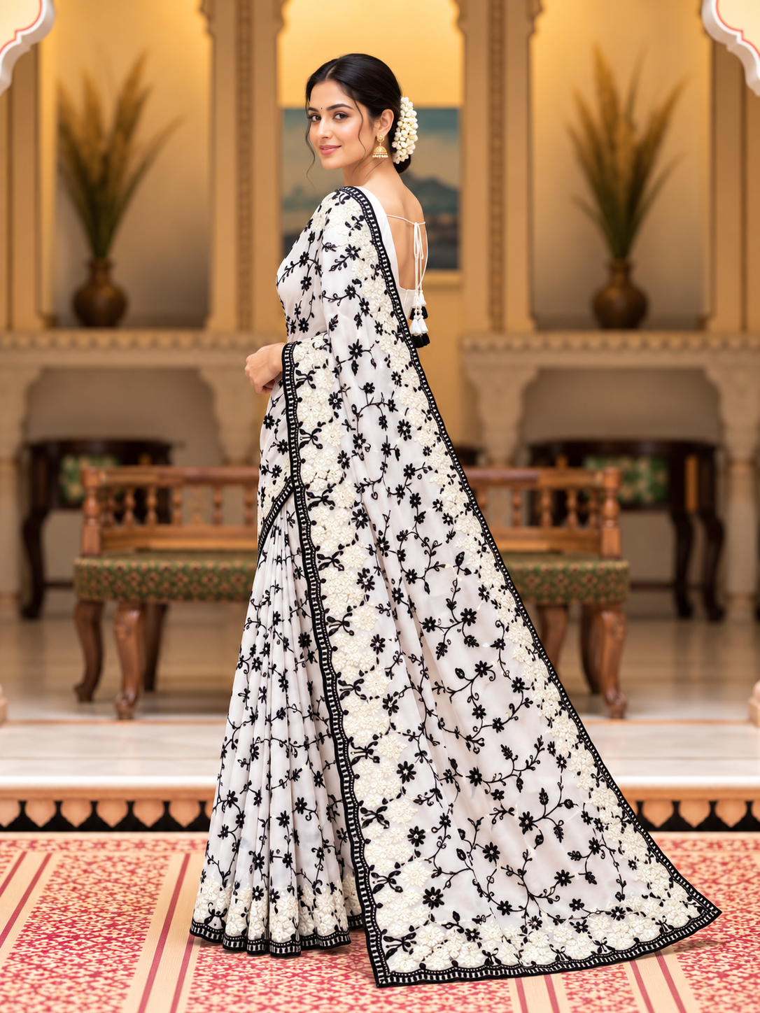 Kashida Georgette Saree | Chikankari & Cutwork Embroidery