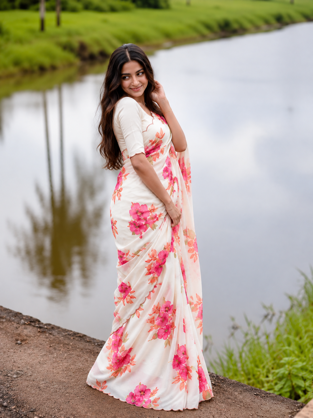 Varnika Pure Chinon Silk Saree | Floral Print & Khatli Handwork