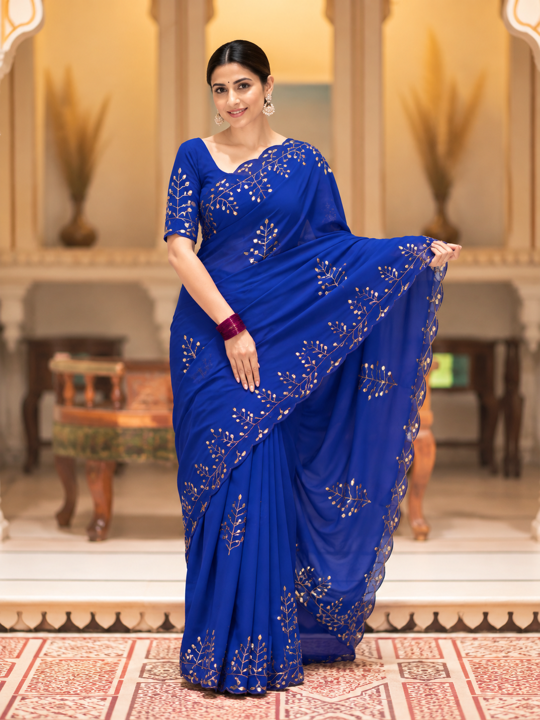 Evara Pure Georgette Saree | Handcrafted Mirror & Khatli Work