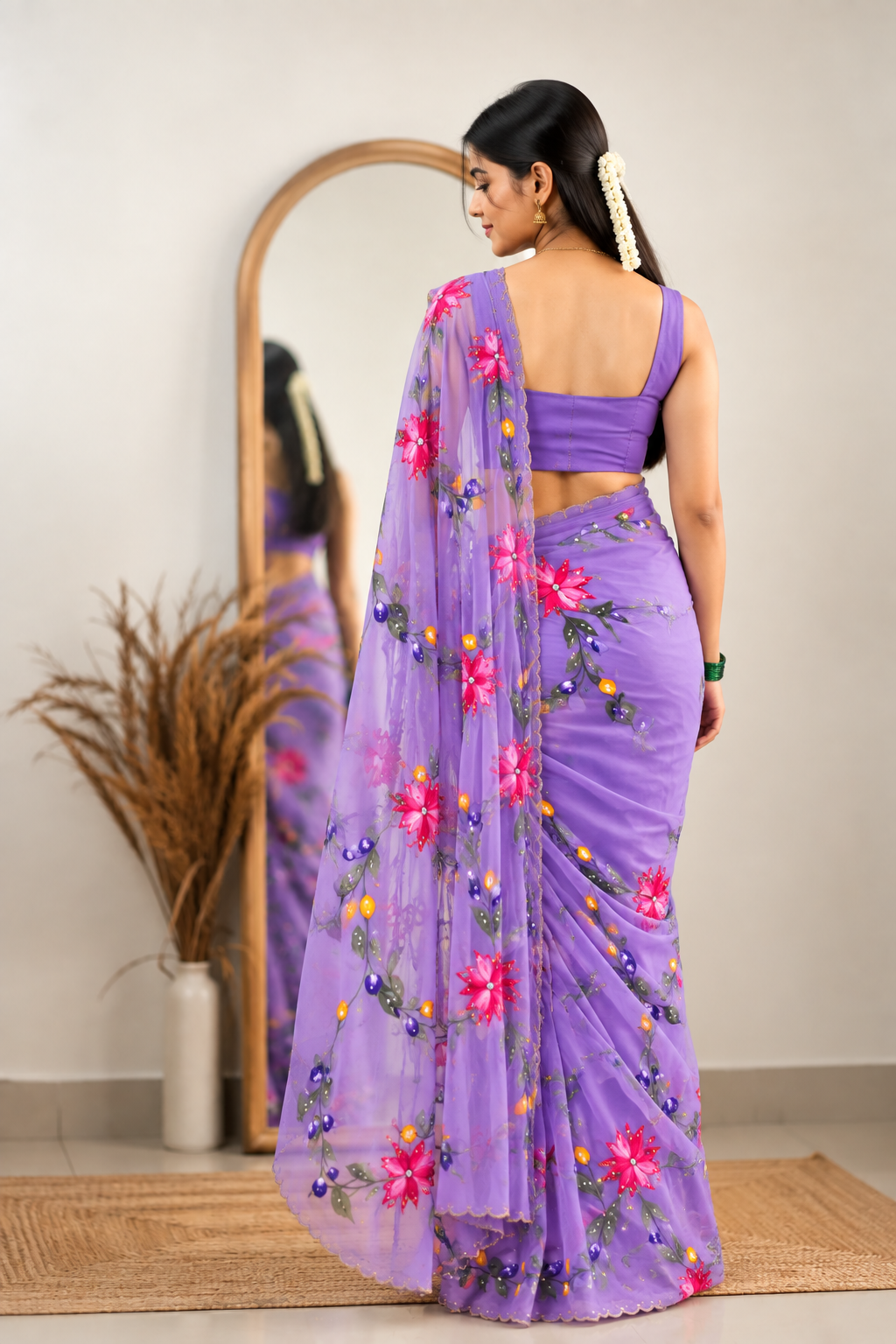 Chitrali Pure Chiffon Saree | Hand-Painted Floral & Khatli Work