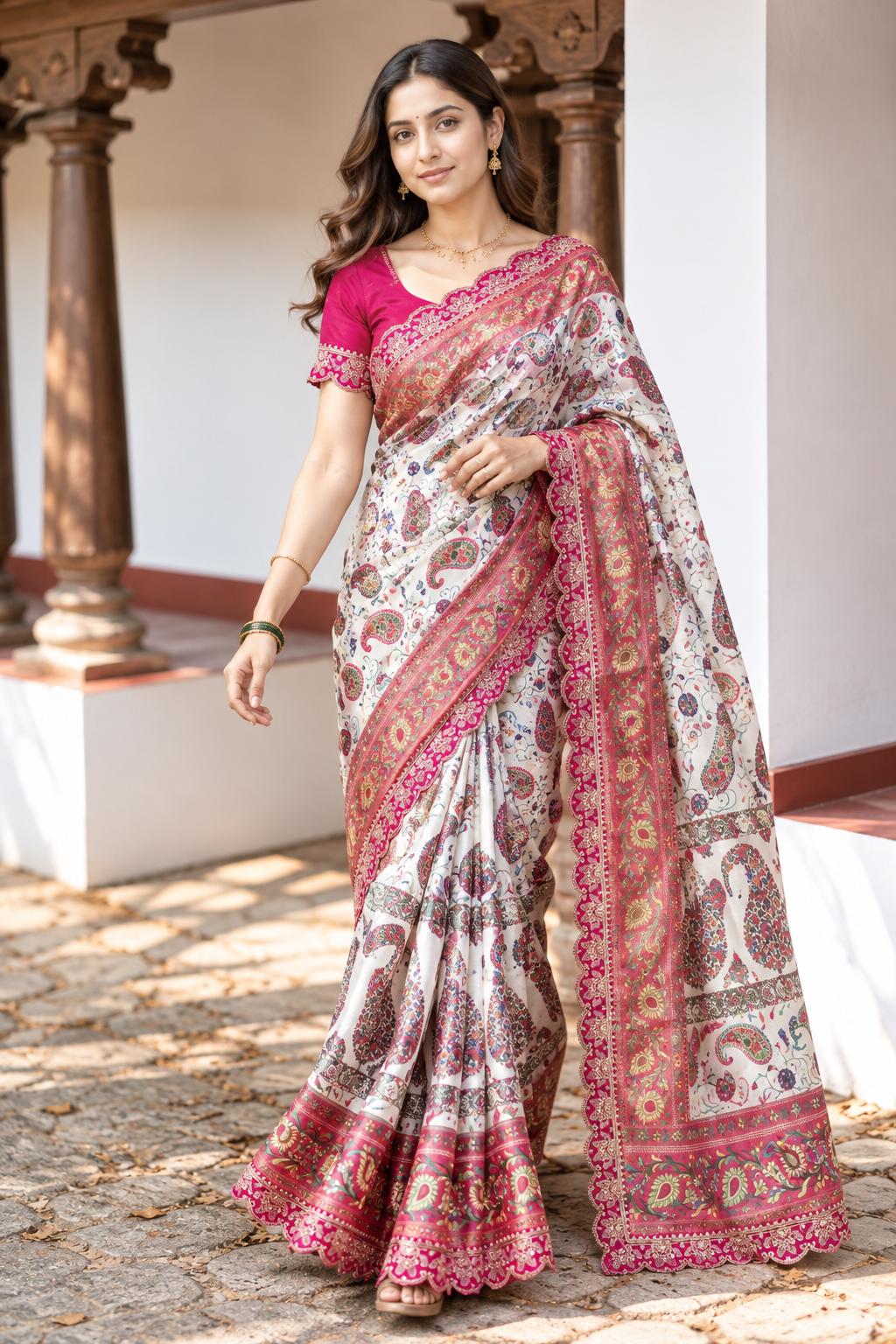 Riwaayat Designer Dola Banarasi Saree | Digital Print & Sequin Border