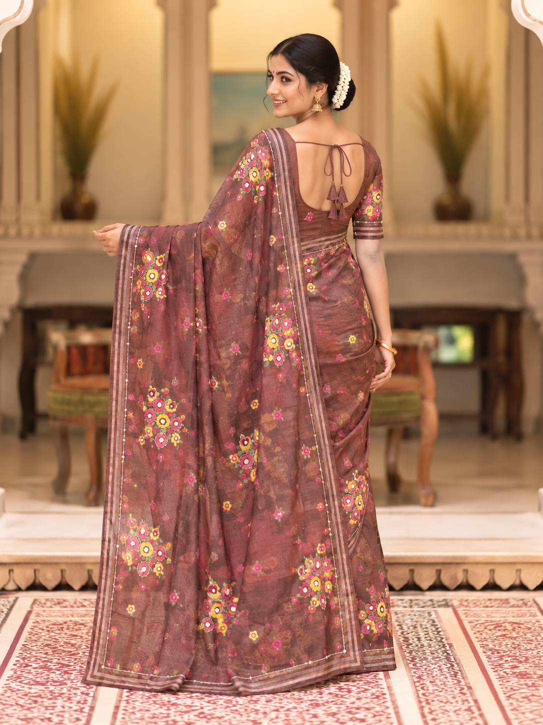 Cocoa Bloom Tebby Silk Saree | Floral Print, Katdana & Sequin Work