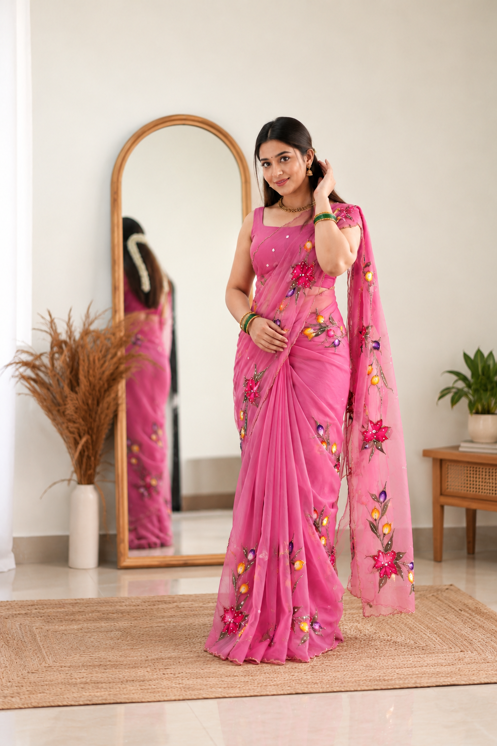 Chitrali Pure Chiffon Saree | Hand-Painted Floral & Khatli Work