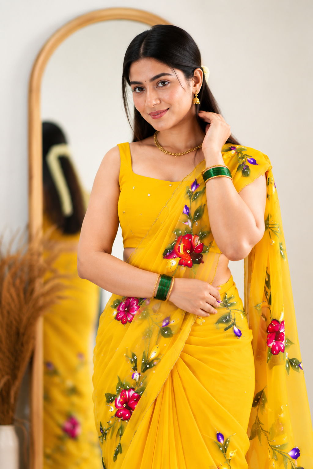 Chitrali Pure Chiffon Saree | Hand-Painted Floral & Khatli Work