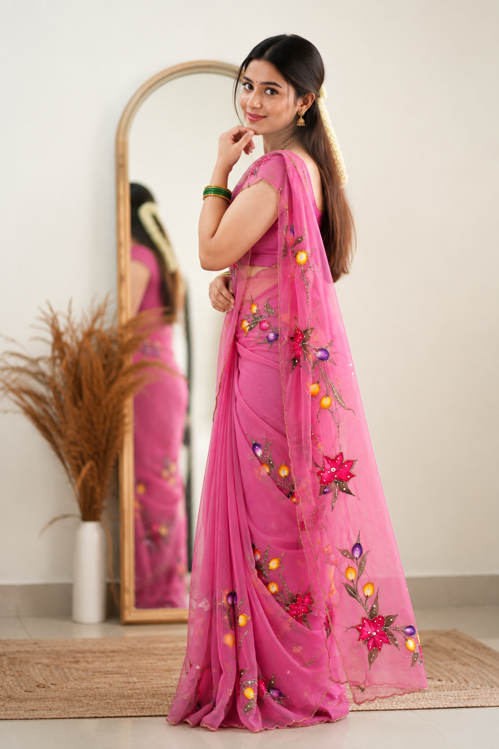 Chitrali Pure Chiffon Saree | Hand-Painted Floral & Khatli Work