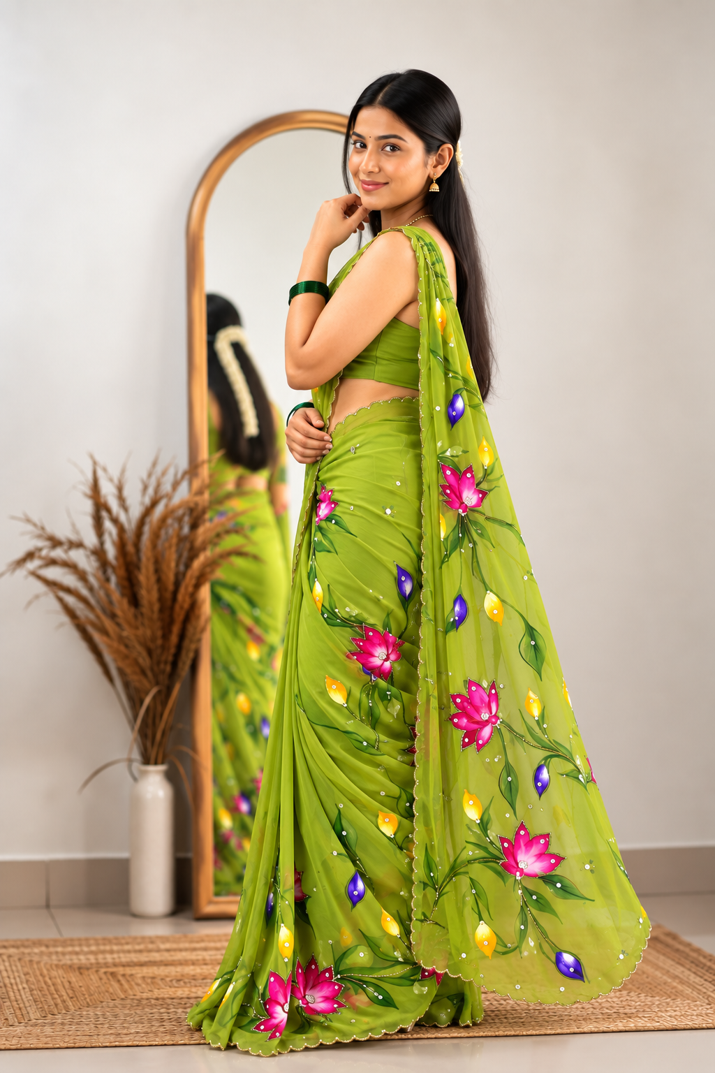 Chitrali Pure Chiffon Saree | Hand-Painted Floral & Khatli Work
