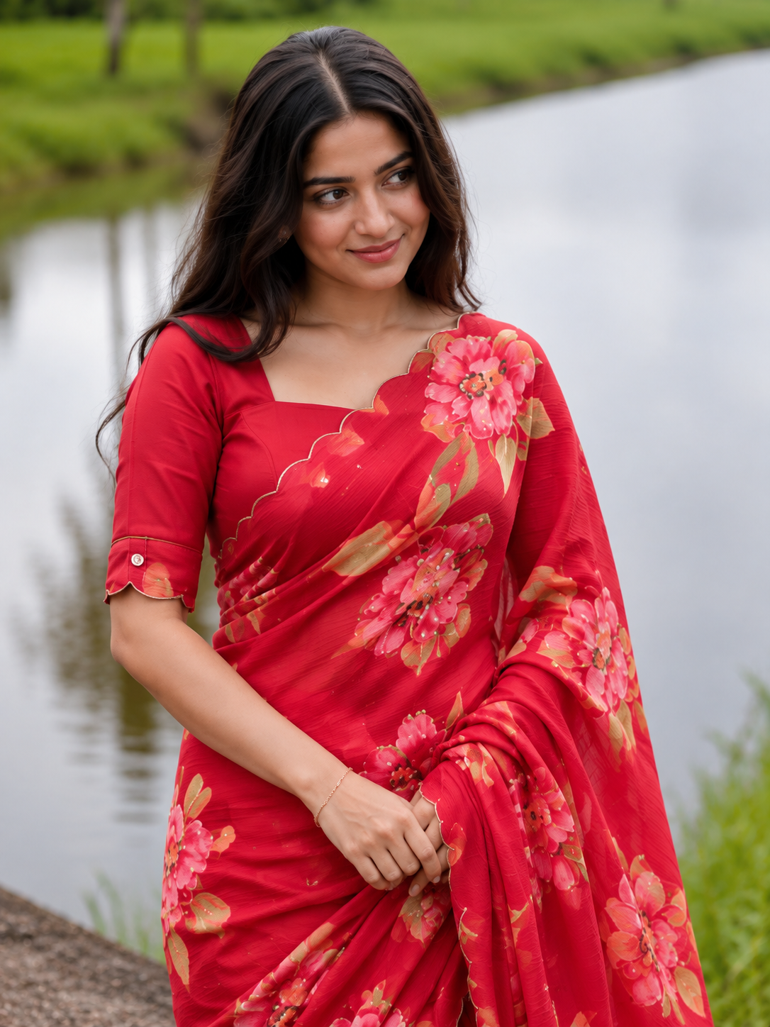 Varnika Pure Chinon Silk Saree | Floral Print & Khatli Handwork