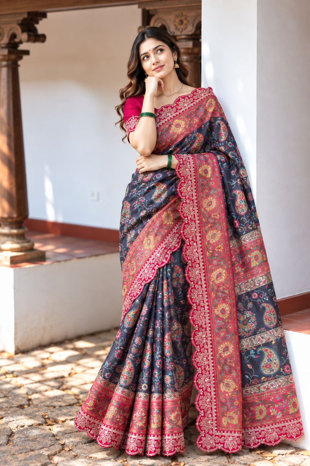 Riwaayat Designer Dola Banarasi Saree | Digital Print & Sequin Border