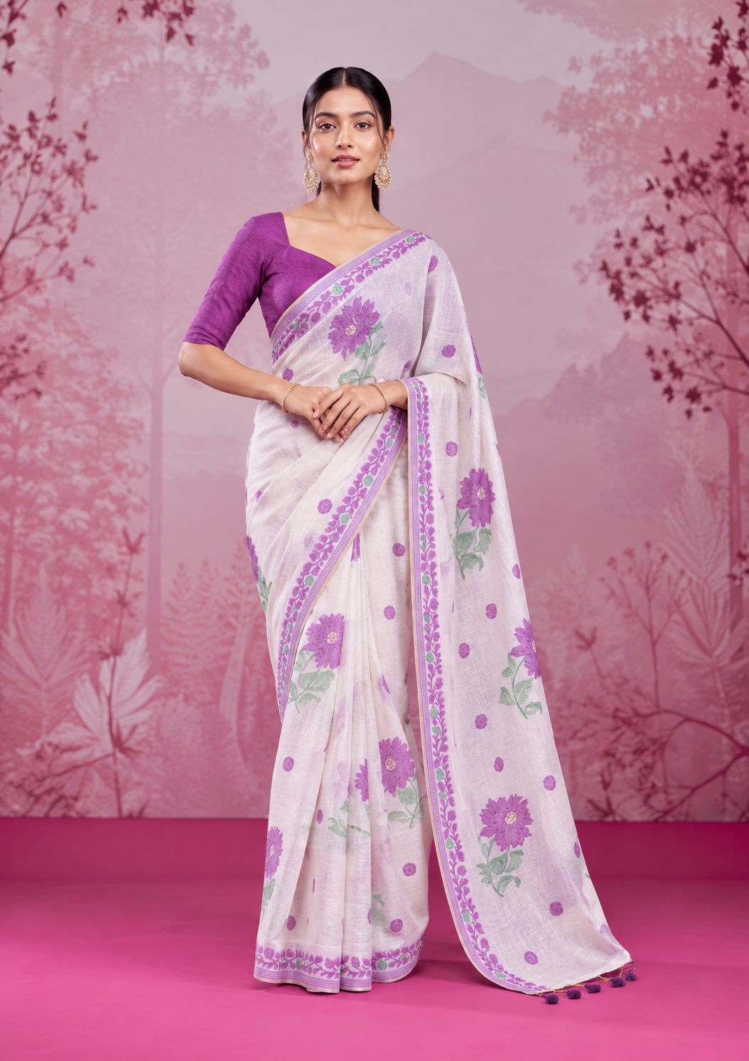 Mogra Soft Muga Cotton Saree | Jamdani Woven Border & Resham Butta